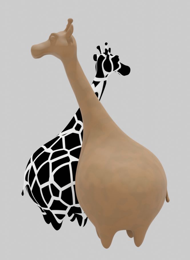 Side view of two rendered fat giraffes - one textured like a cow, the other like clay