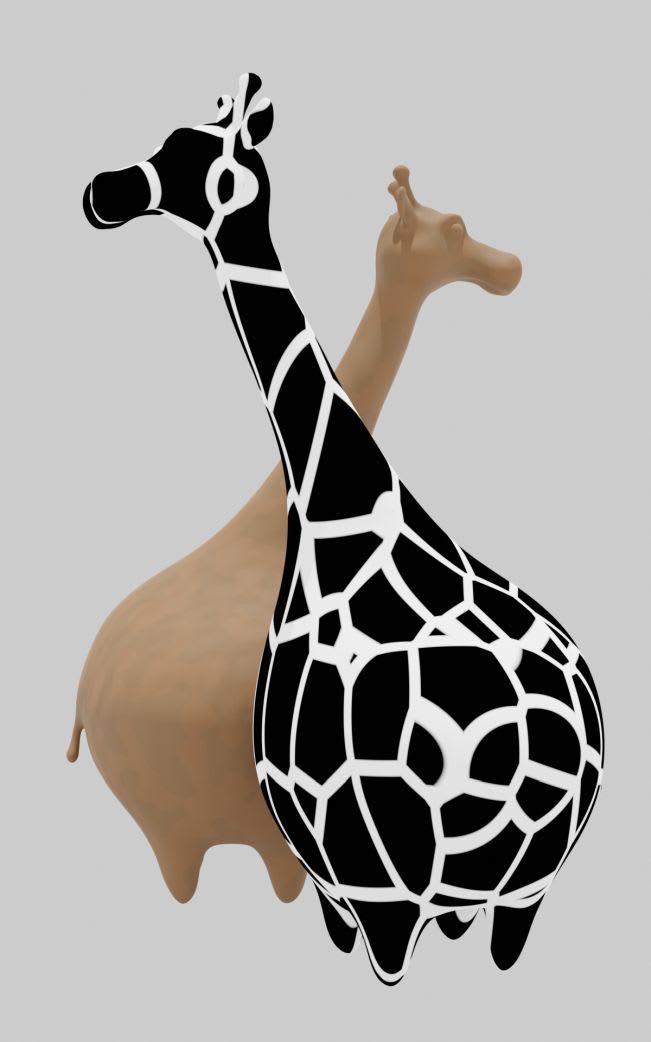 Side view of two rendered fat giraffes - one textured like clay, the other black and white